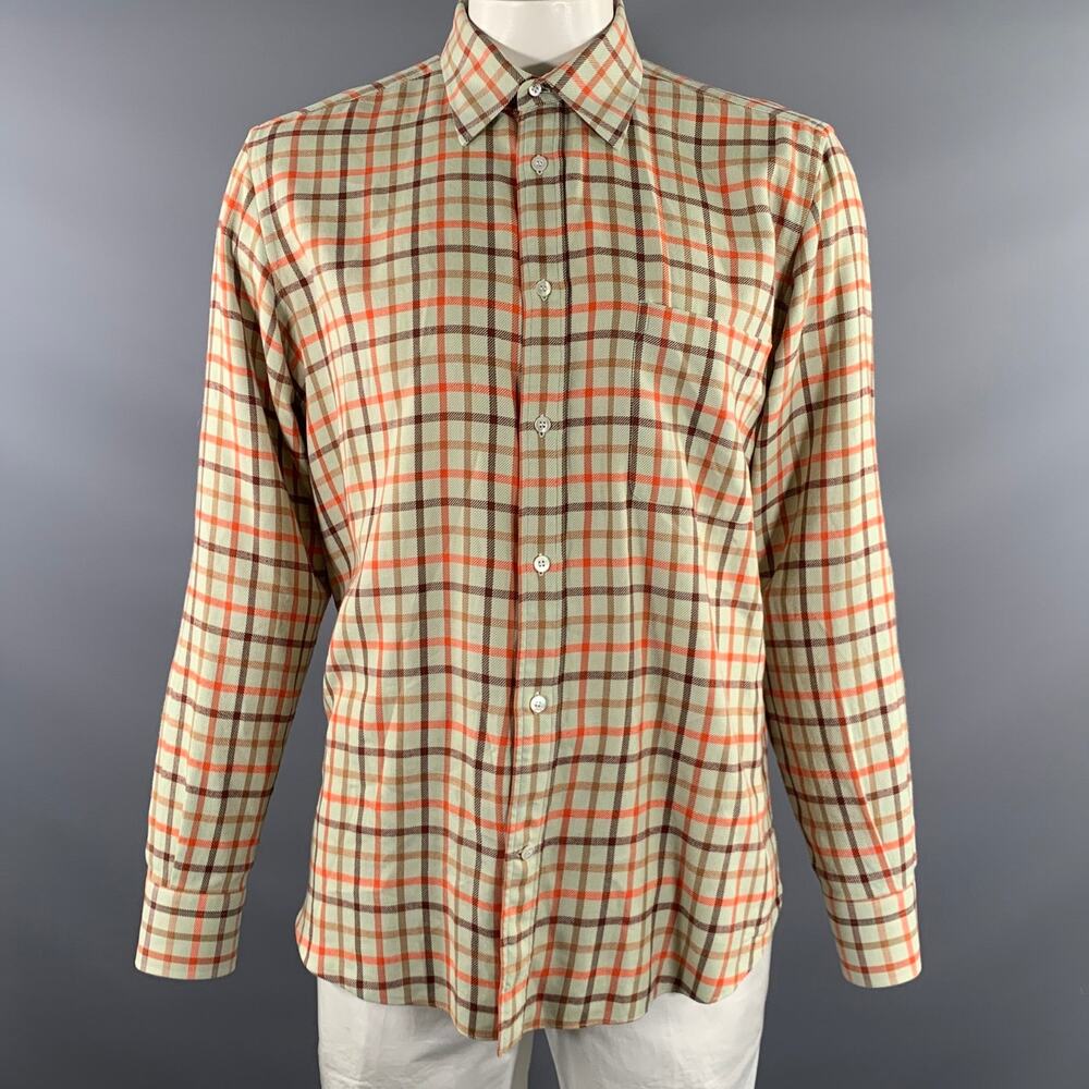 FRAY Size XL Green Orange & Brown Plaid Cotton Pointed Collar Long Sleeve Shirt